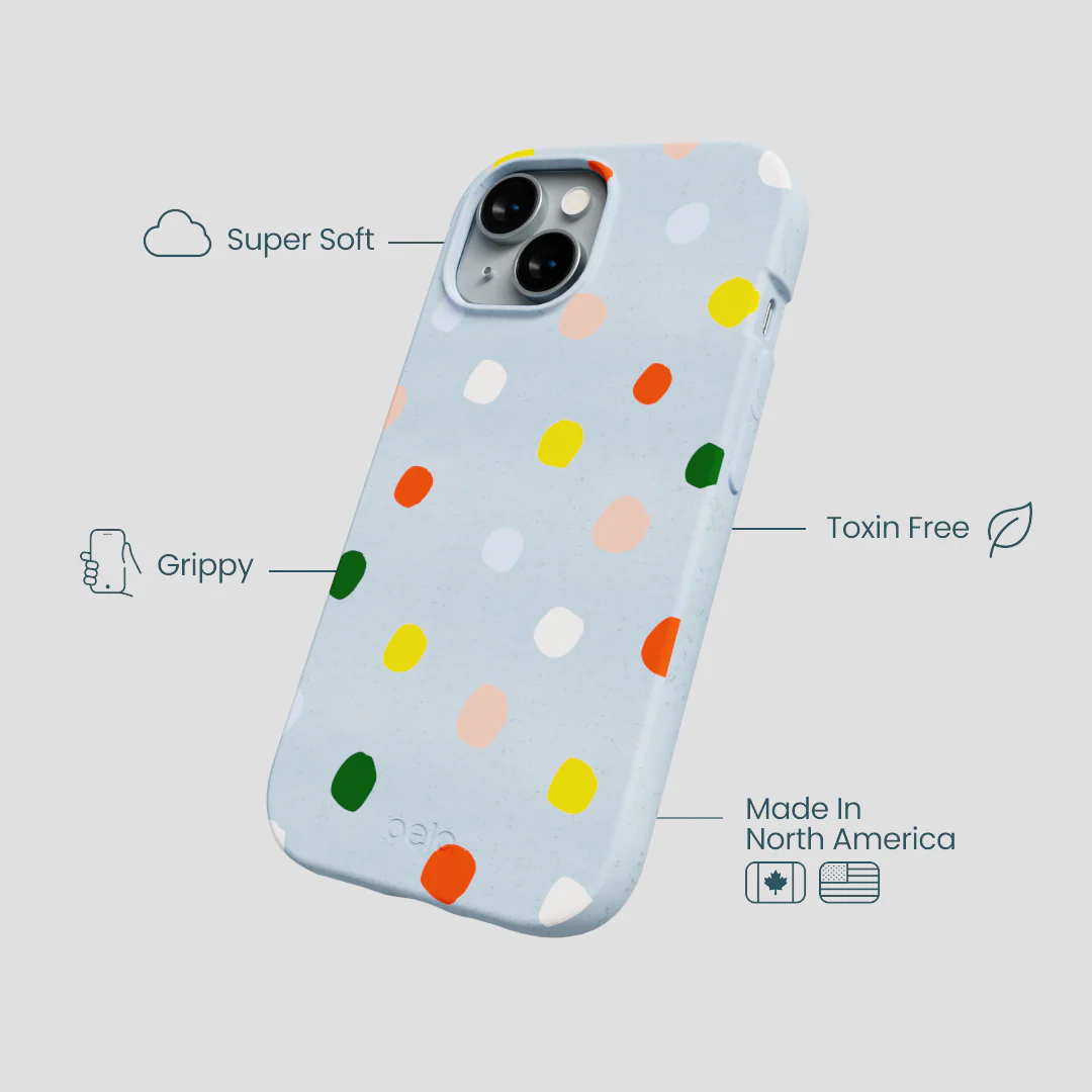 Powder Blue Rainbow Dots iPhone 14 Case - Image 4