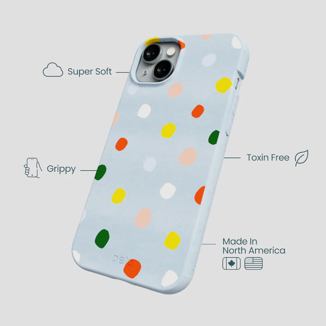 Powder Blue Rainbow Dots iPhone 14 Plus Case - Image 4