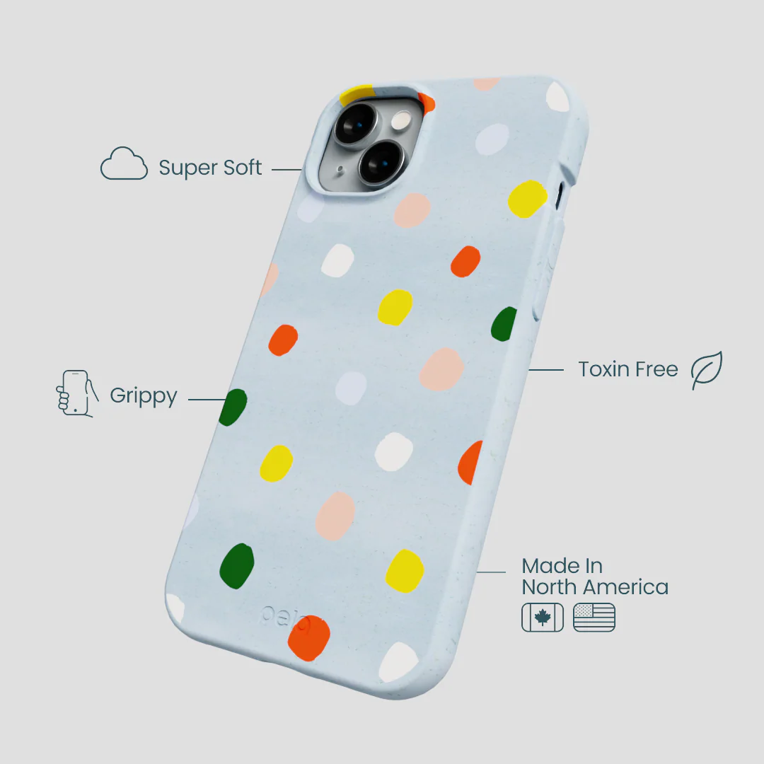 Powder Blue Rainbow Dots iPhone 15 Plus Case - Image 4