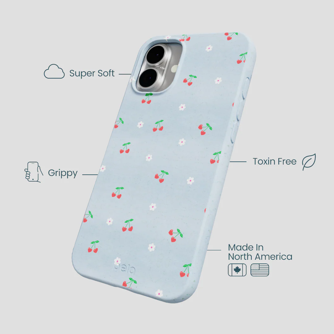Powder Blue Sweet Cherries iPhone 16 Plus Case - Image 4